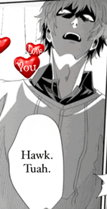 a black and white drawing of a man with hearts hanging from his neck that say love you hawk tuah