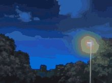 a man in a white shirt and black pants is standing in front of a street light