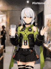a girl with headphones is holding a glass of milk with pixverse.ai written above her