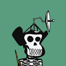 a black and white drawing of a skeleton monkey with a satellite dish on its head