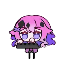 a cartoon drawing of a girl with purple hair holding a keyboard