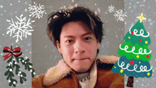 a man is surrounded by snowflakes and mistletoe and a christmas tree