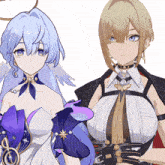 a girl with blue hair is standing next to another girl