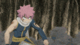 a cartoon character with pink hair and a tattoo on his arm that says ' fairy tail '