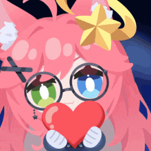 a girl with pink hair and glasses is holding a red heart in her hands