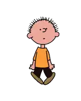 a cartoon character with a mohawk and a yellow shirt is walking