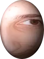 a close up of a person 's eye in a circle