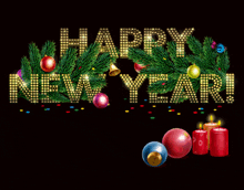 the word happy new year is surrounded by christmas decorations