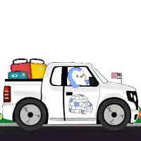 a cartoon illustration of a white truck with a penguin in the back