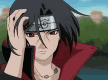 itachi uchiha from naruto is wearing a headband and holding his hair .