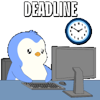 a penguin is typing on a keyboard in front of a computer and a clock says deadline