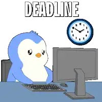 a penguin is typing on a keyboard in front of a computer and a clock says deadline