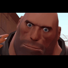 a close up of a bald man with blue eyes