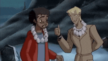 two cartoon characters are standing next to each other giving a thumbs up .
