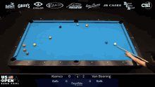 a pool table with the us open bank pool championship on the screen