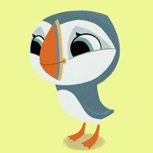 a cartoon drawing of a puffin with a big orange beak on a yellow background