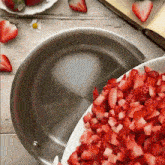 strawberries are being poured into a frying pan