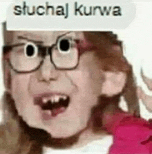 a girl wearing glasses and a pink bow tie is making a funny face with her mouth open .