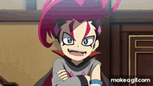 a cartoon character with red hair and blue eyes is standing with his arms crossed and smiling .