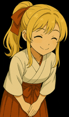 a cartoon girl with blonde hair and a bow on her hair is smiling