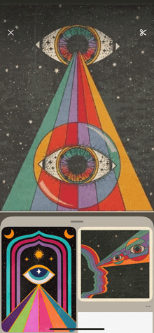a phone with a psychedelic eye painting on the screen