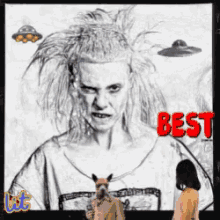 a black and white drawing of a woman and a dog with the words best in red