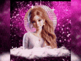 a girl is standing in front of a disco ball on a purple background