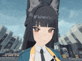 a girl with a cat ear is wearing a blue jacket with the letter s on it
