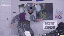 a person in a rat costume is standing in front of a wall with a vote igor sign on it .
