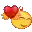 a pixel art of a yellow smiley face with a red heart over its eyes .