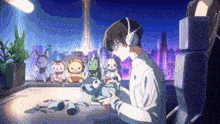 a man wearing headphones holds a stuffed animal in front of stuffed animals