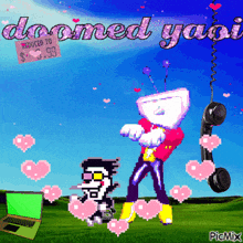 a pixel art of a man and a dog with the words doomed yaoi written above them