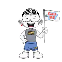a cartoon character holding a flag that says call me on it