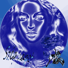 a blue circle with a woman 's face and a blue rose and the name simone on it