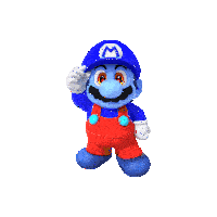 a blue mario with a white m on his cap