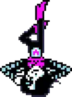 a pixel art of a witch with a pink hat and a bow tie .