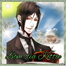 a picture of a man in a tuxedo holding a cup of coffee with bom dia kittie written on it