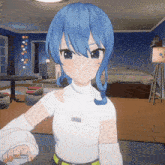 a girl with blue hair is wearing a white top and white gloves