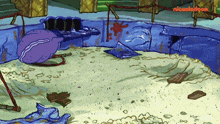 a cartoon scene from nickelodeon shows a purple whale
