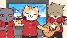 three cartoon cats are singing and playing guitar in front of a tv screen that says piece