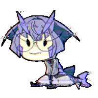 a pixel art drawing of a fish with horns and glasses .