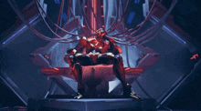 a statue of a robot sitting on a throne in a dark room