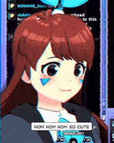 a girl in a video game with the words nom nom nom so cute on the bottom