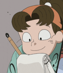 a cartoon character holding a piece of paper and a bamboo stick