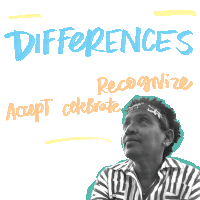 a woman is standing in front of a sign that says differences