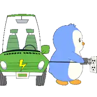 a green car with a lightning bolt on the front is pulled by a blue penguin