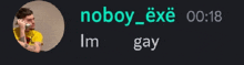 a man in a yellow shirt talking on a cell phone with the words noboy_exe 00:18 im gay