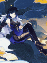 a drawing of a woman in a blue dress with a sword in her hand