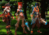 a group of cartoon characters standing in a park