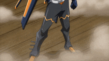 a cartoon character is holding a sword and standing on a wooden floor